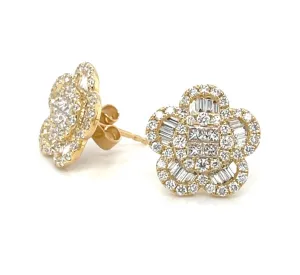 Diamond Round and Baguette Floral Earrings in 18k Yellow Gold, 1.35 Carats Total