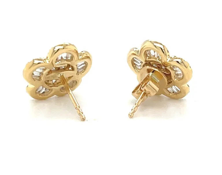 Diamond Round and Baguette Floral Earrings in 18k Yellow Gold, 1.35 Carats Total