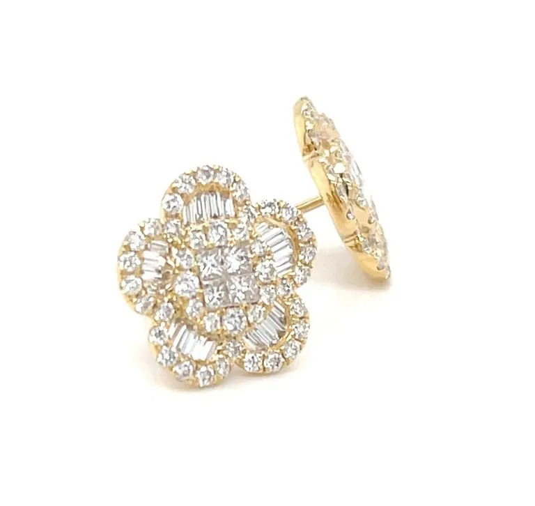 Diamond Round and Baguette Floral Earrings in 18k Yellow Gold, 1.35 Carats Total