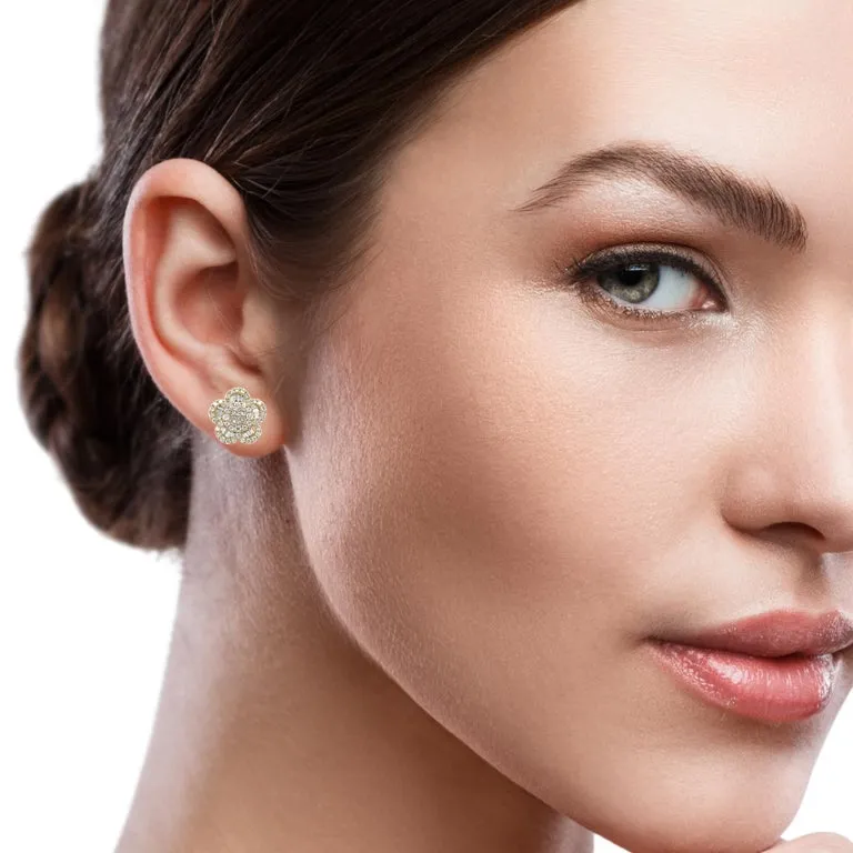 Diamond Round and Baguette Floral Earrings in 18k Yellow Gold, 1.35 Carats Total
