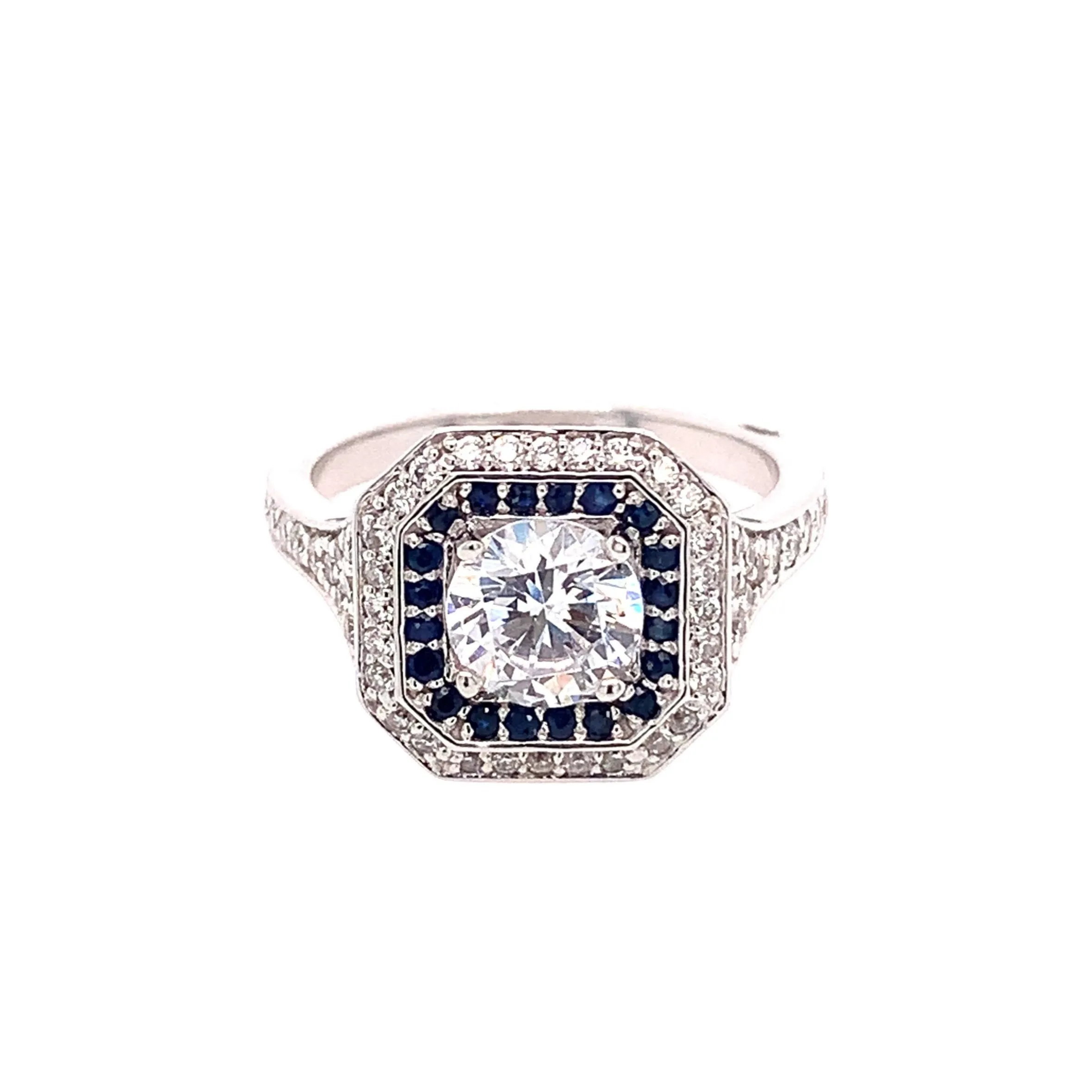 Double Halo Diamond & Sapphire Engagement Ring Semi-Mount