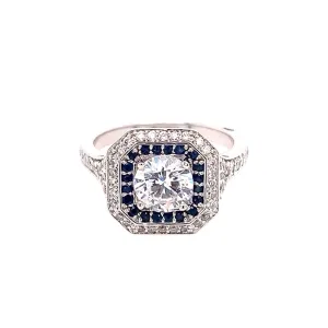 Double Halo Diamond & Sapphire Engagement Ring Semi-Mount