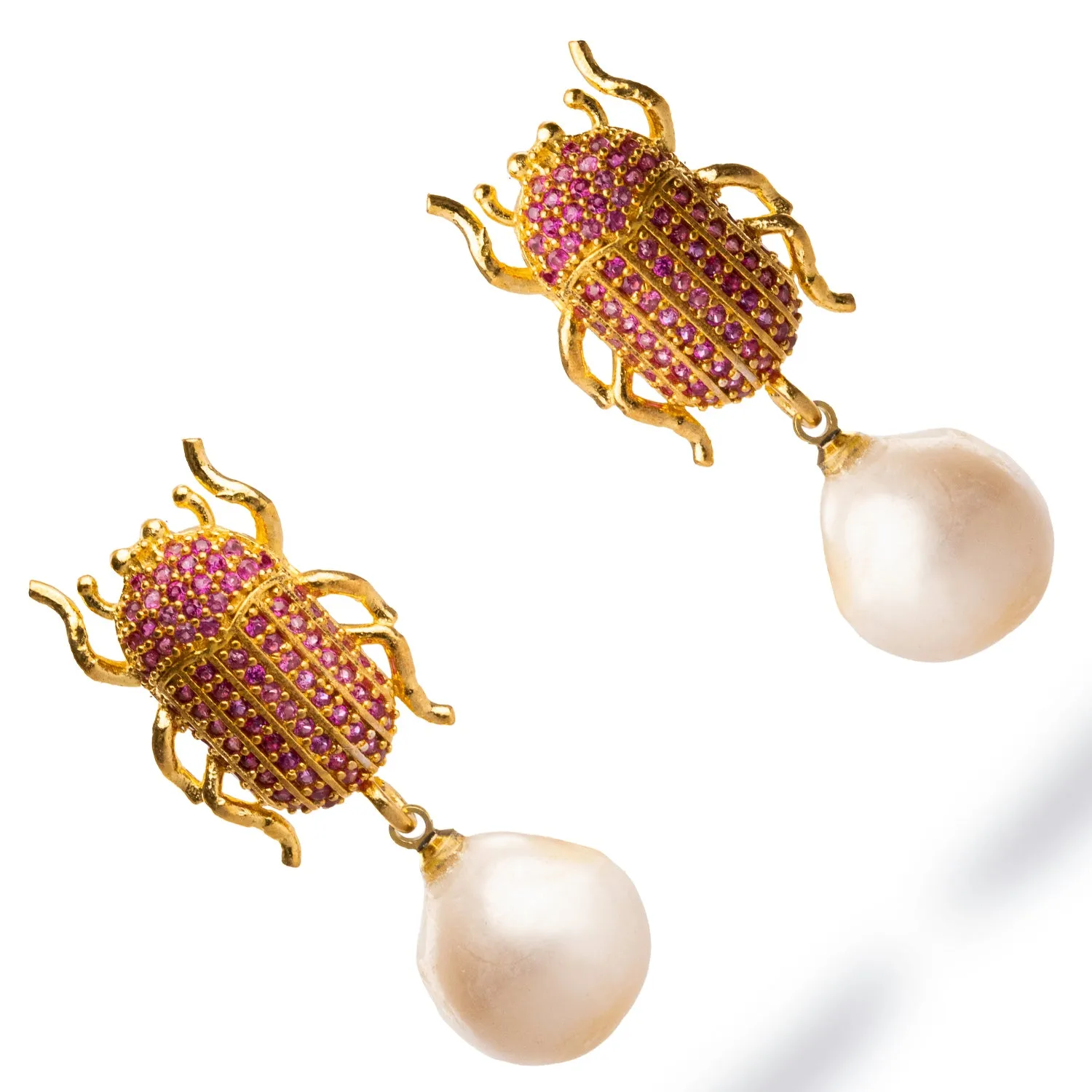Egyptian Scarab Ruby & Pearl Dangle Mystic Earrings