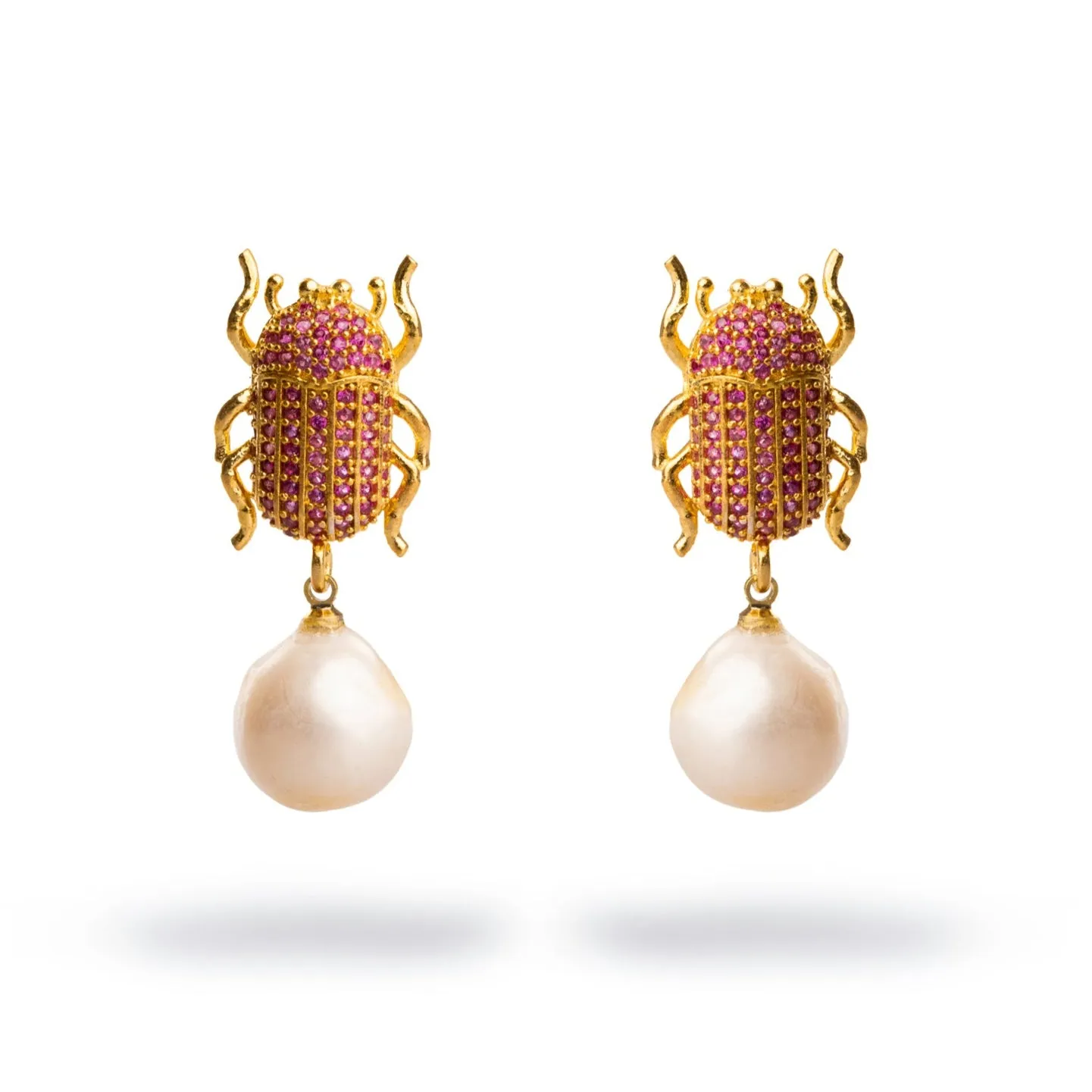 Egyptian Scarab Ruby & Pearl Dangle Mystic Earrings