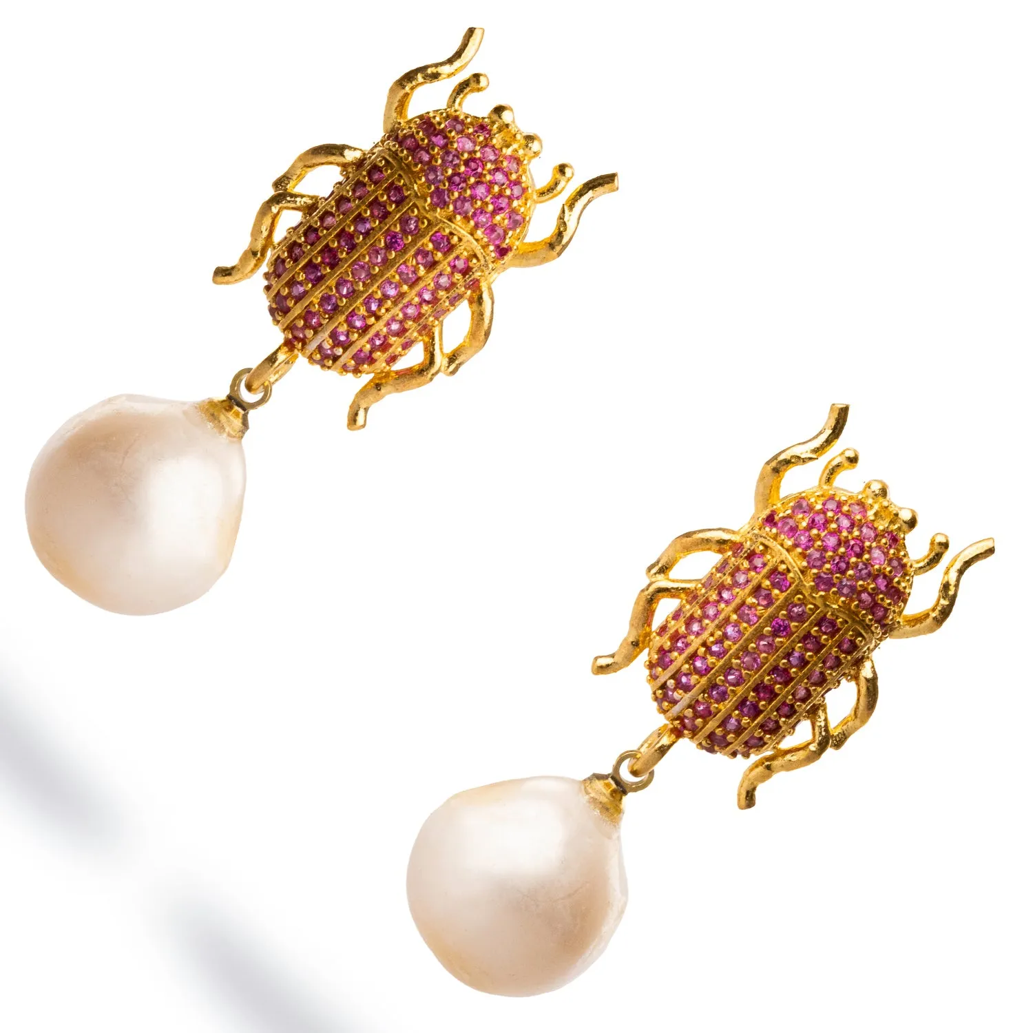 Egyptian Scarab Ruby & Pearl Dangle Mystic Earrings