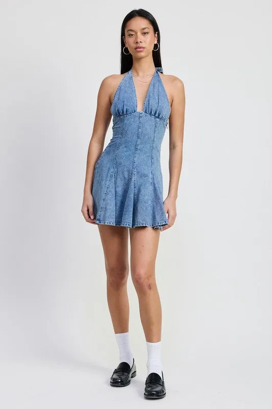 Emory Park MINI HALTER NECK DENIM DRESS