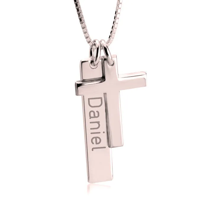 Engraved Bar Necklace With Cross