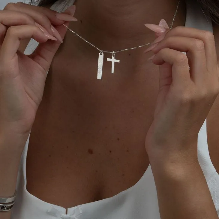 Engraved Bar Necklace With Cross