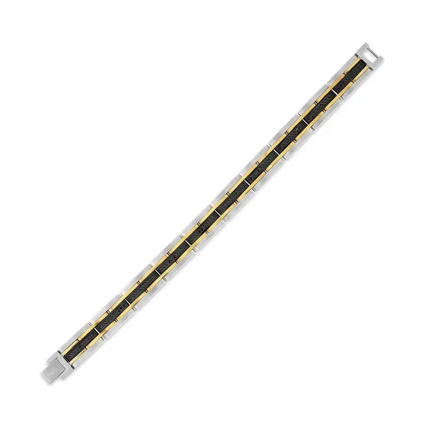 Esquire Gold, Silver, & Black Toned Ion Plated Stainless Steel Link Bracelet with Black Diamonds, 8.50"