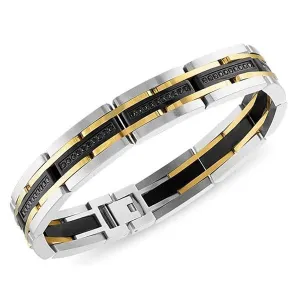 Esquire Gold, Silver, & Black Toned Ion Plated Stainless Steel Link Bracelet with Black Diamonds, 8.50"