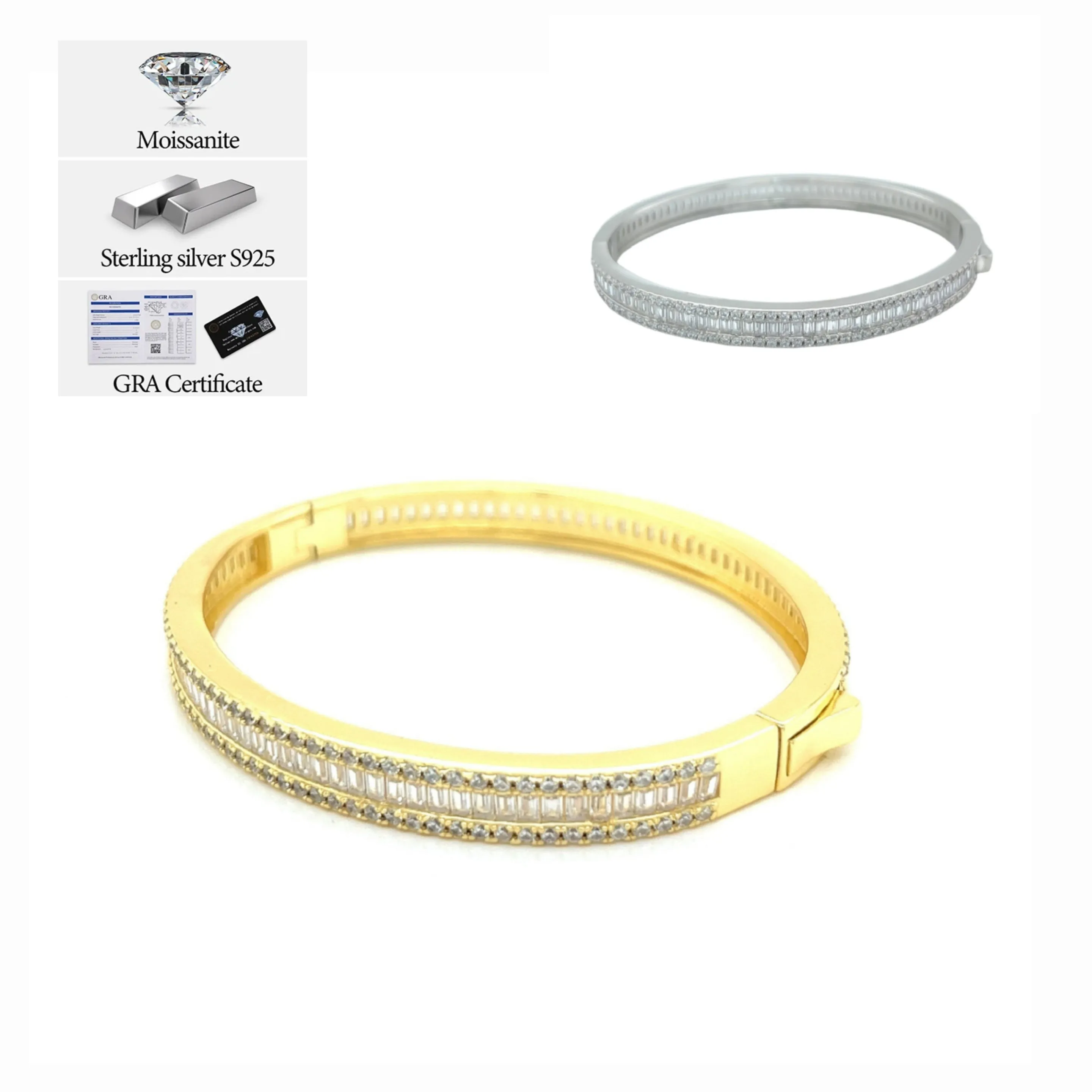 Eternity 5" Baguette 5.88CT Moissanite 925 Sterling Bangle Bracelet -M300049