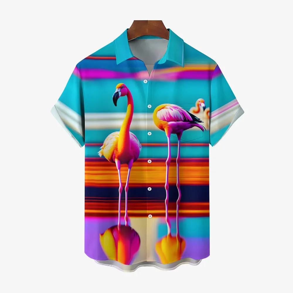Flamingo Art Print Casual Short Sleeve Shirt 2411008046