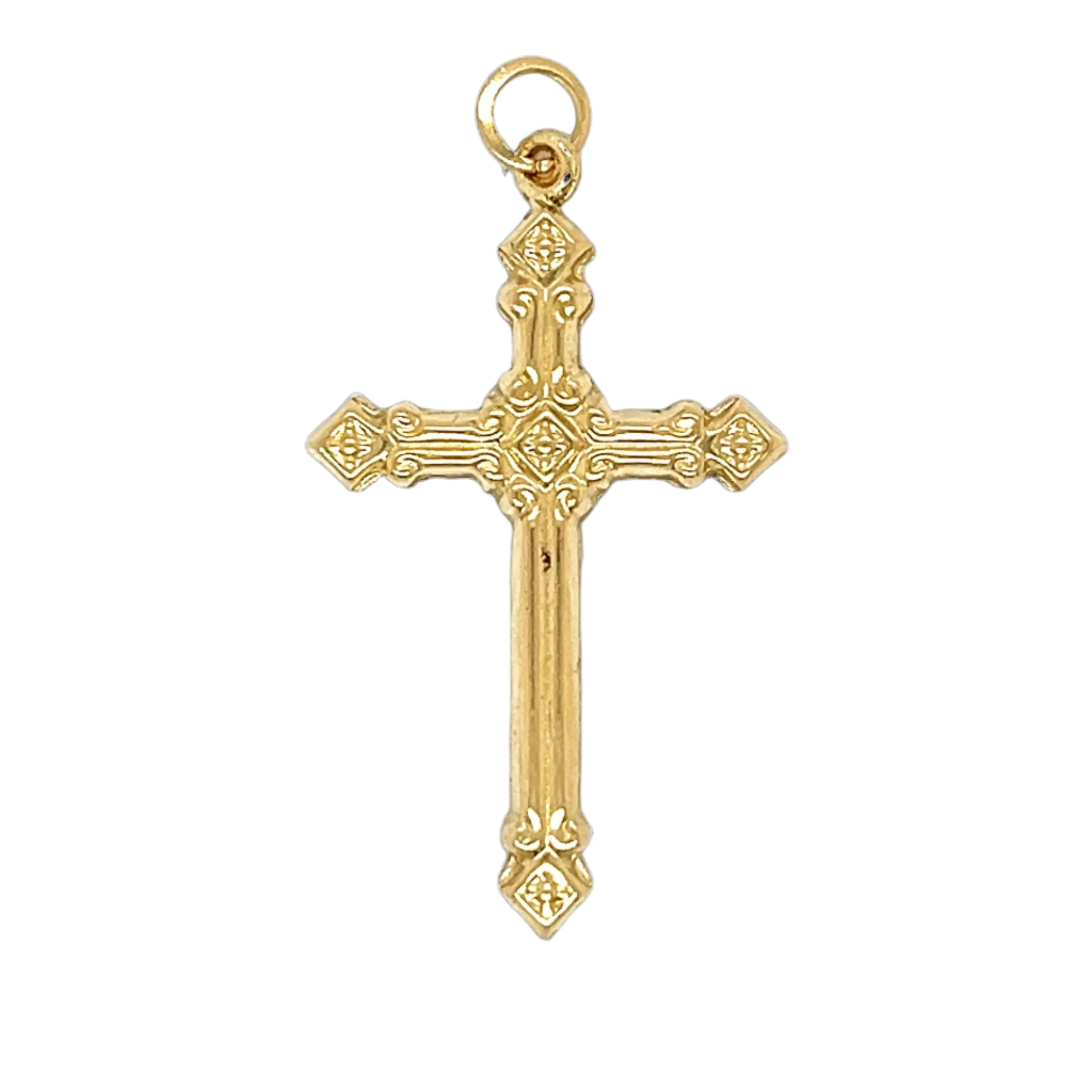 Fluer de Lis Tip Crucifix Solid Pure 14K Gold Plain Cross 1.3" Pendant