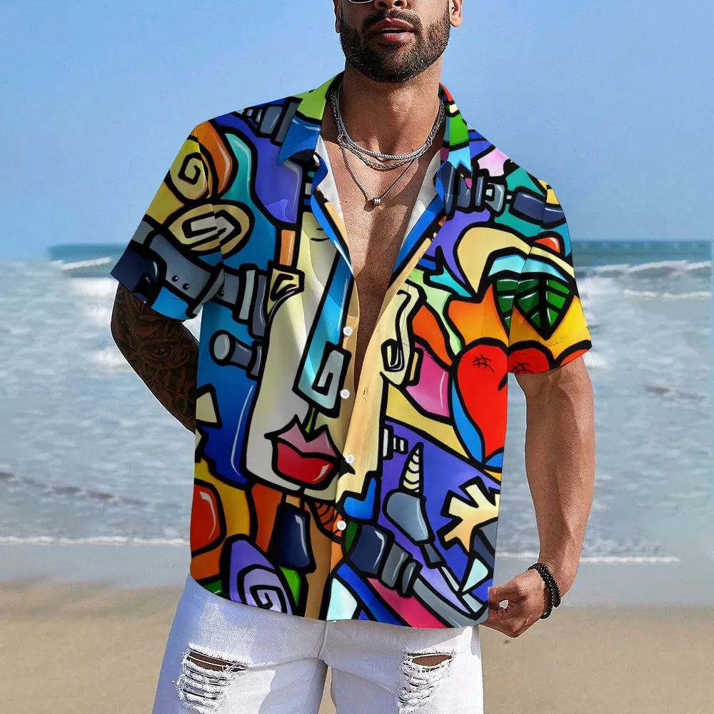 Geometric Art Face Print Casual Short Sleeve Shirt 2412006995