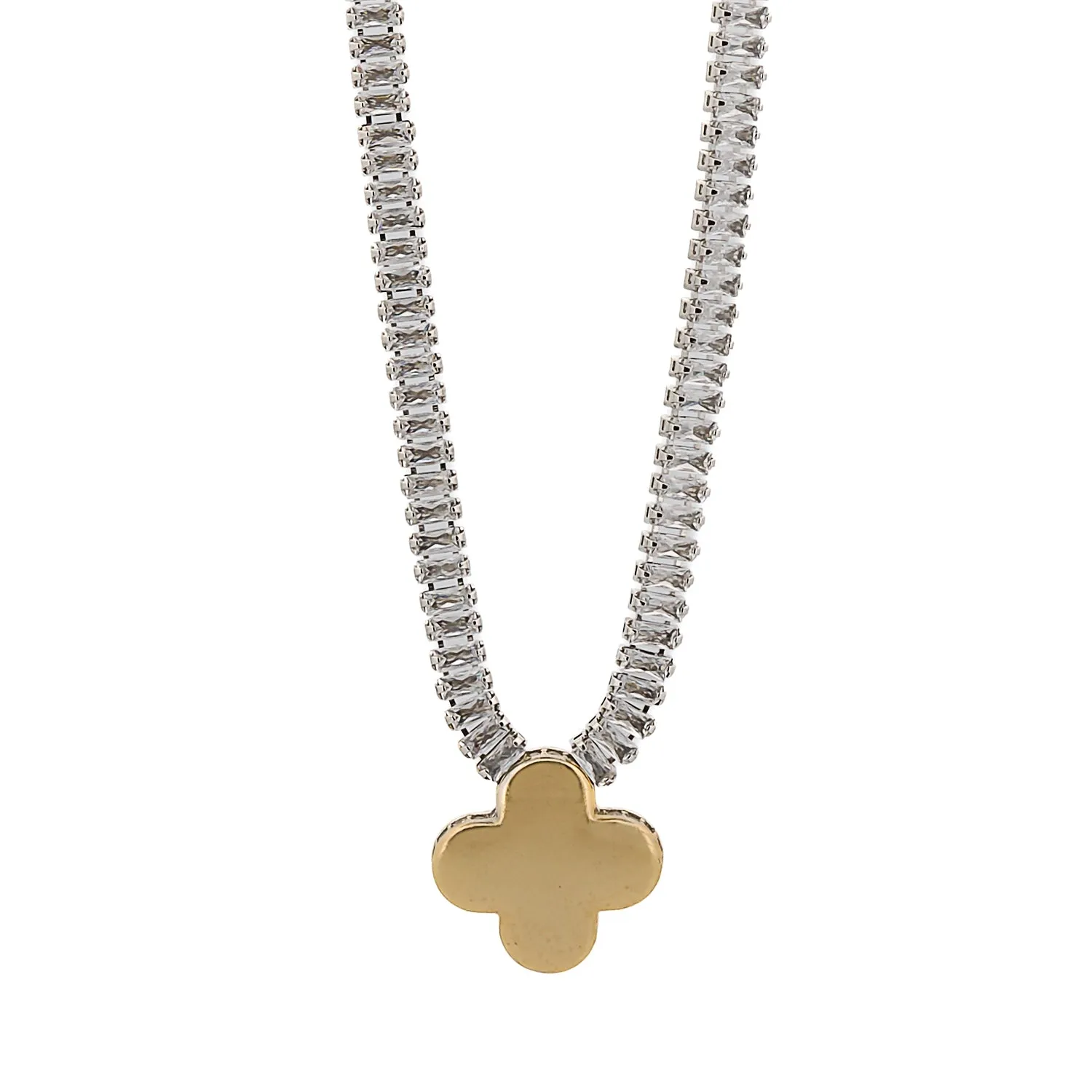 Gold Clover Charm Baguette Diamond Necklace