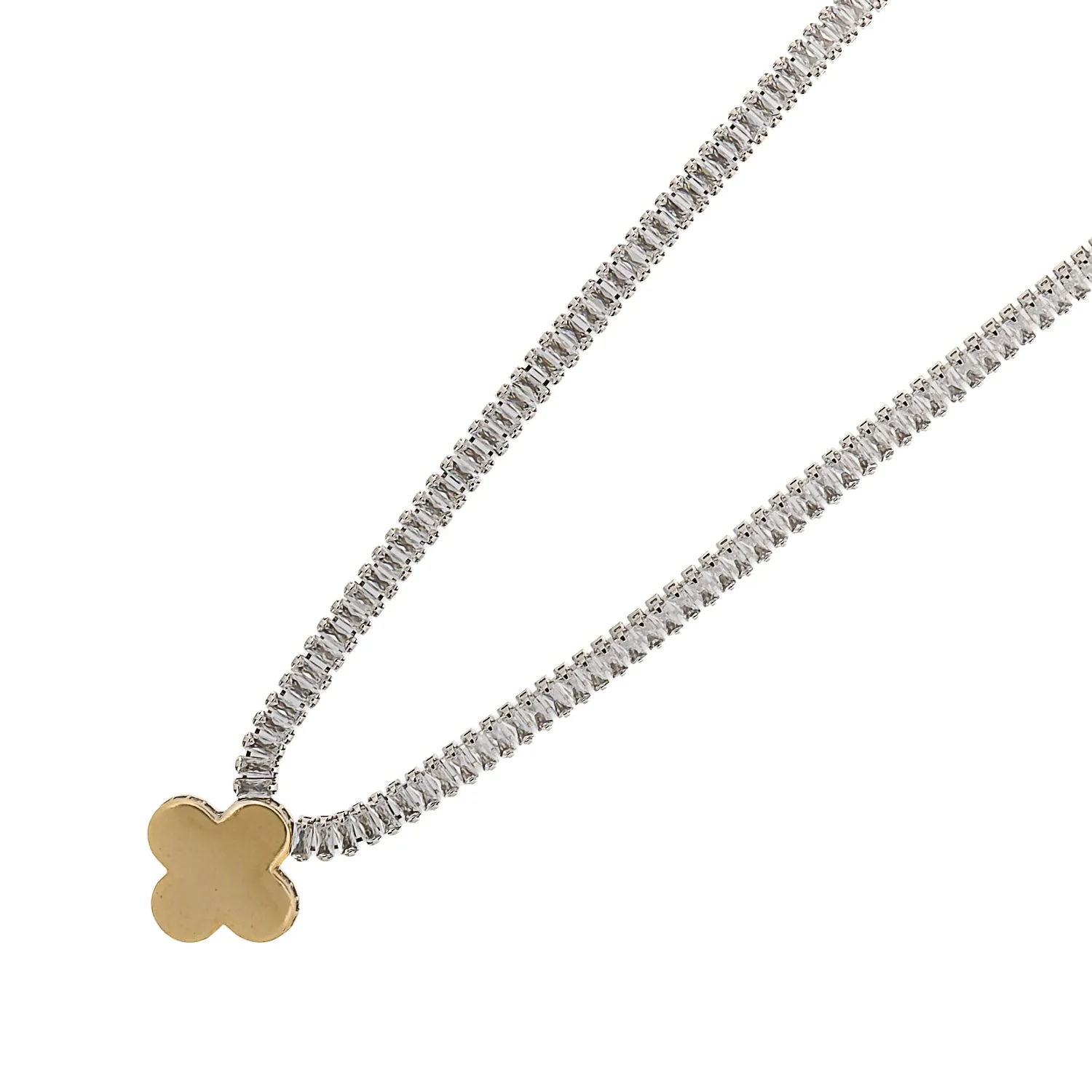 Gold Clover Charm Baguette Diamond Necklace