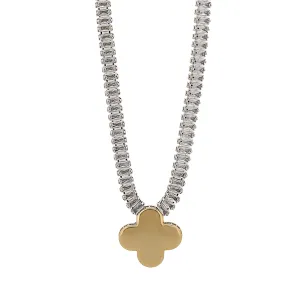 Gold Clover Charm Baguette Diamond Necklace