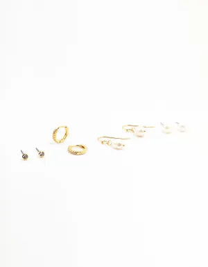 Gold Plated Brass Pearl Stud & Drop Earrings 4-Pack