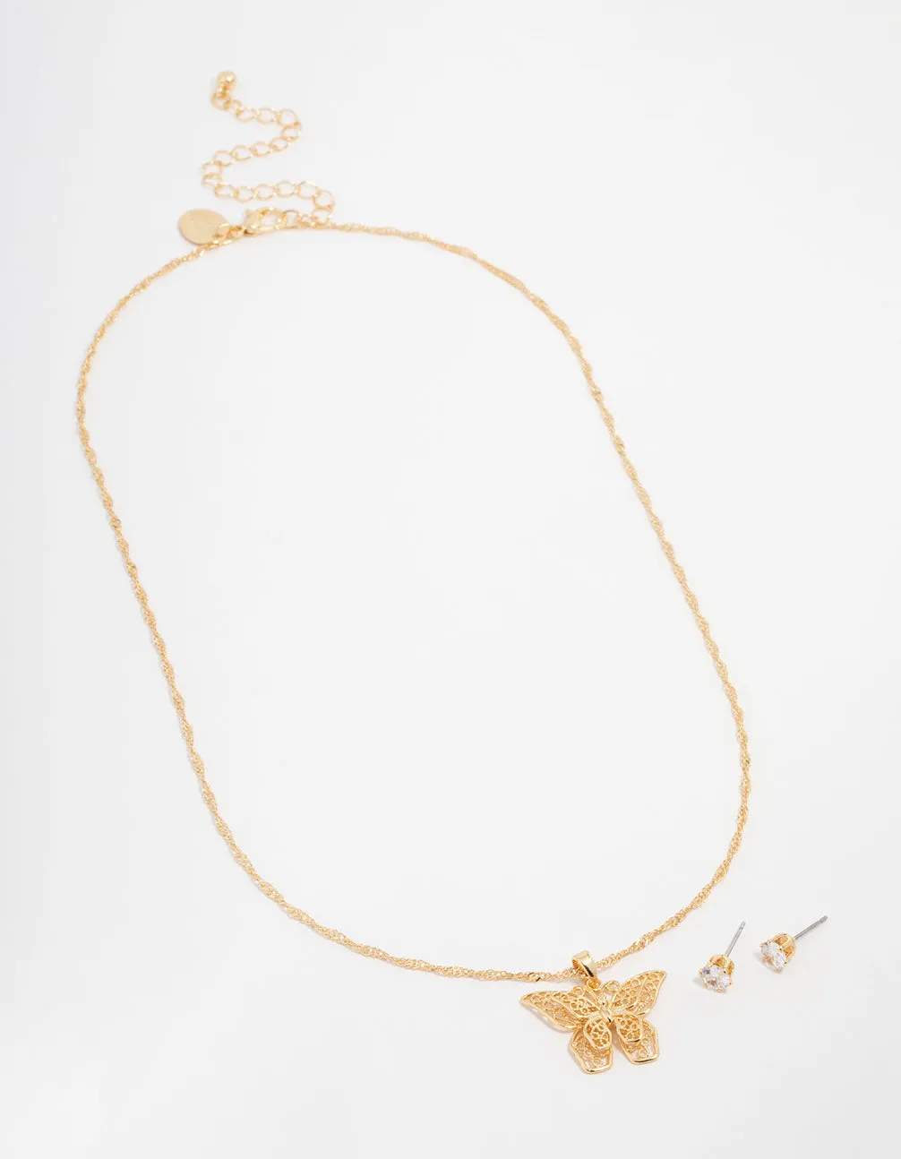 Gold Plated Cubic Zirconia Butterfly Necklace & Stud Earrings