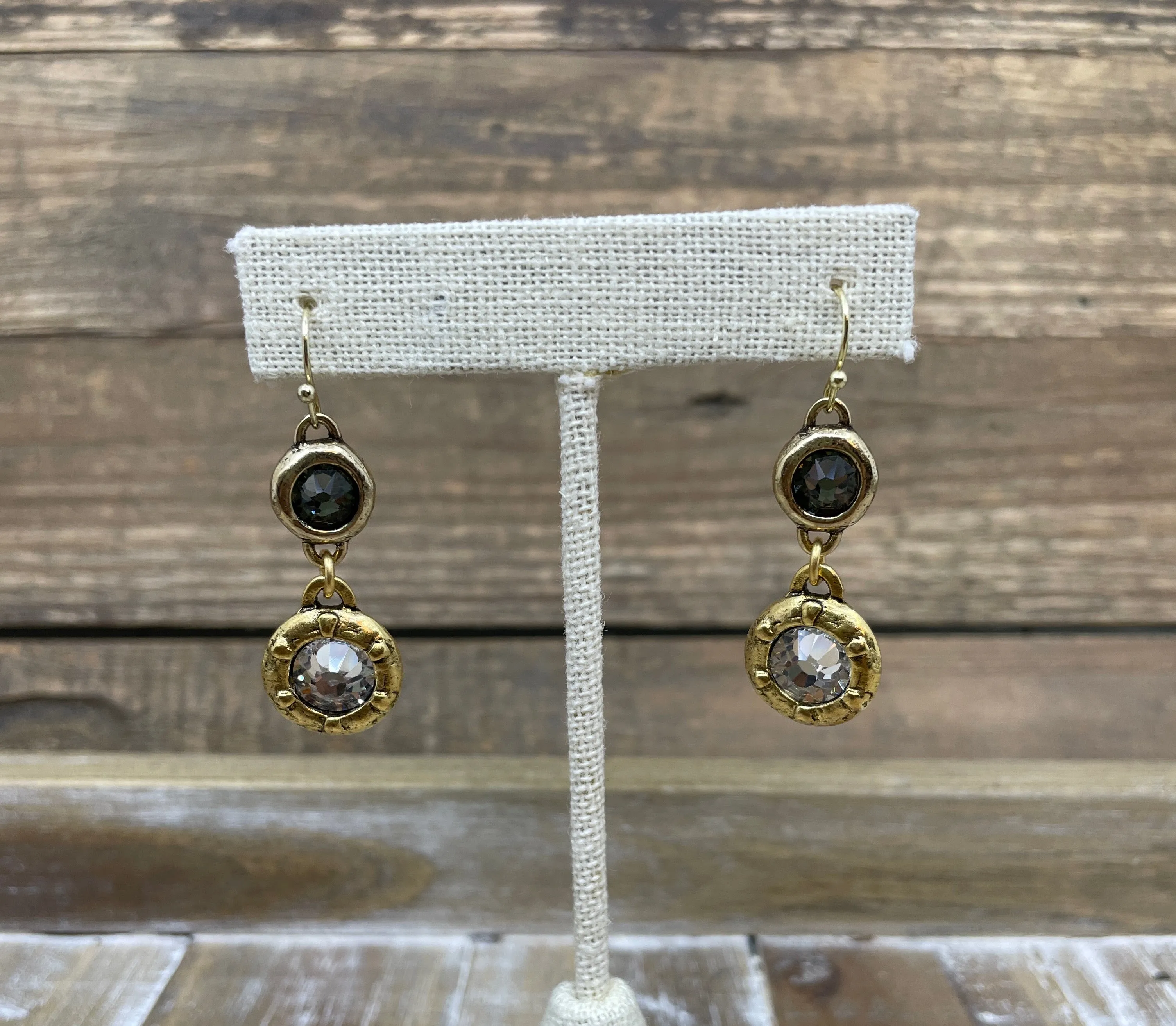 Gold Plated Double Swarovski Black Diamond and Clear Crystal Earrings