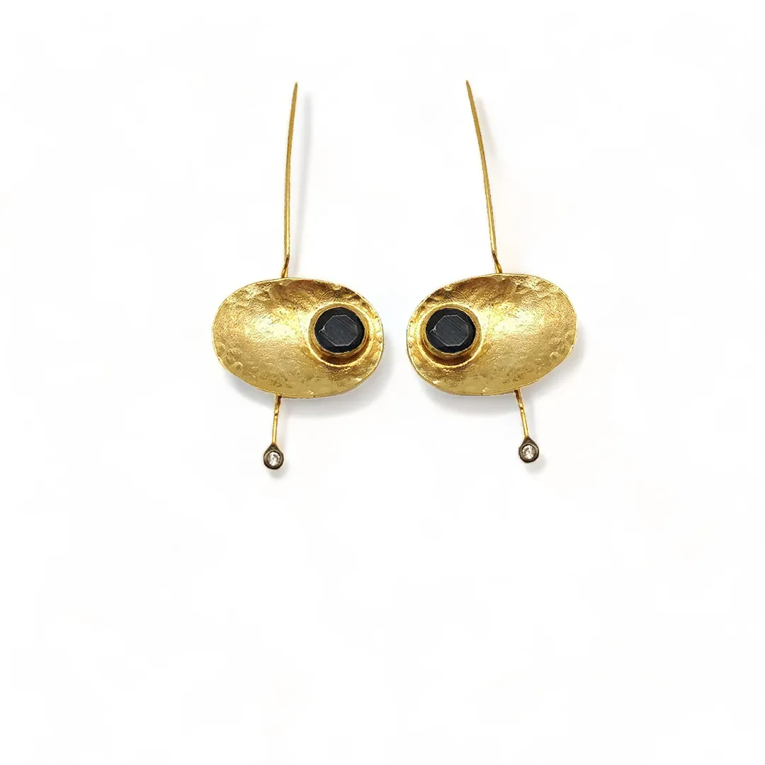 Gold-Plated Handmade Earrings with Black Onyx Stones | Contemporary Elegance | Artisan Crafted Jewelry