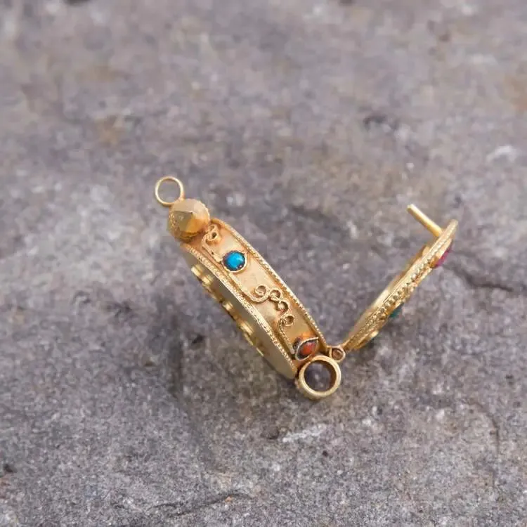 Gold plated  round Tibetan Ghau Pendant Precious stone embeded
