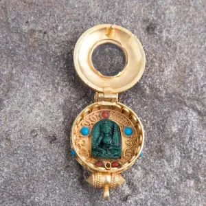 Gold plated  round Tibetan Ghau Pendant Precious stone embeded
