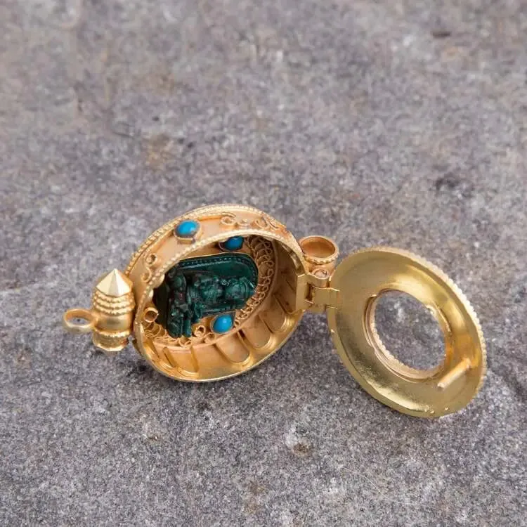 Gold plated  round Tibetan Ghau Pendant Precious stone embeded