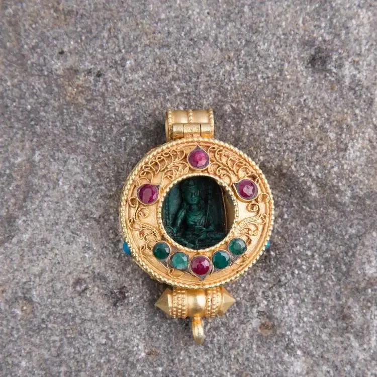 Gold plated  round Tibetan Ghau Pendant Precious stone embeded