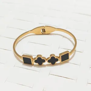 Gold plated stainless steel waterproof Black lucky clover bangle bracelet for women
