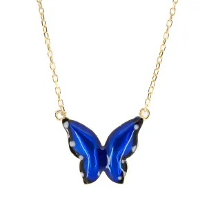 Gold Spiritual Blue Enamel Butterfly Necklace