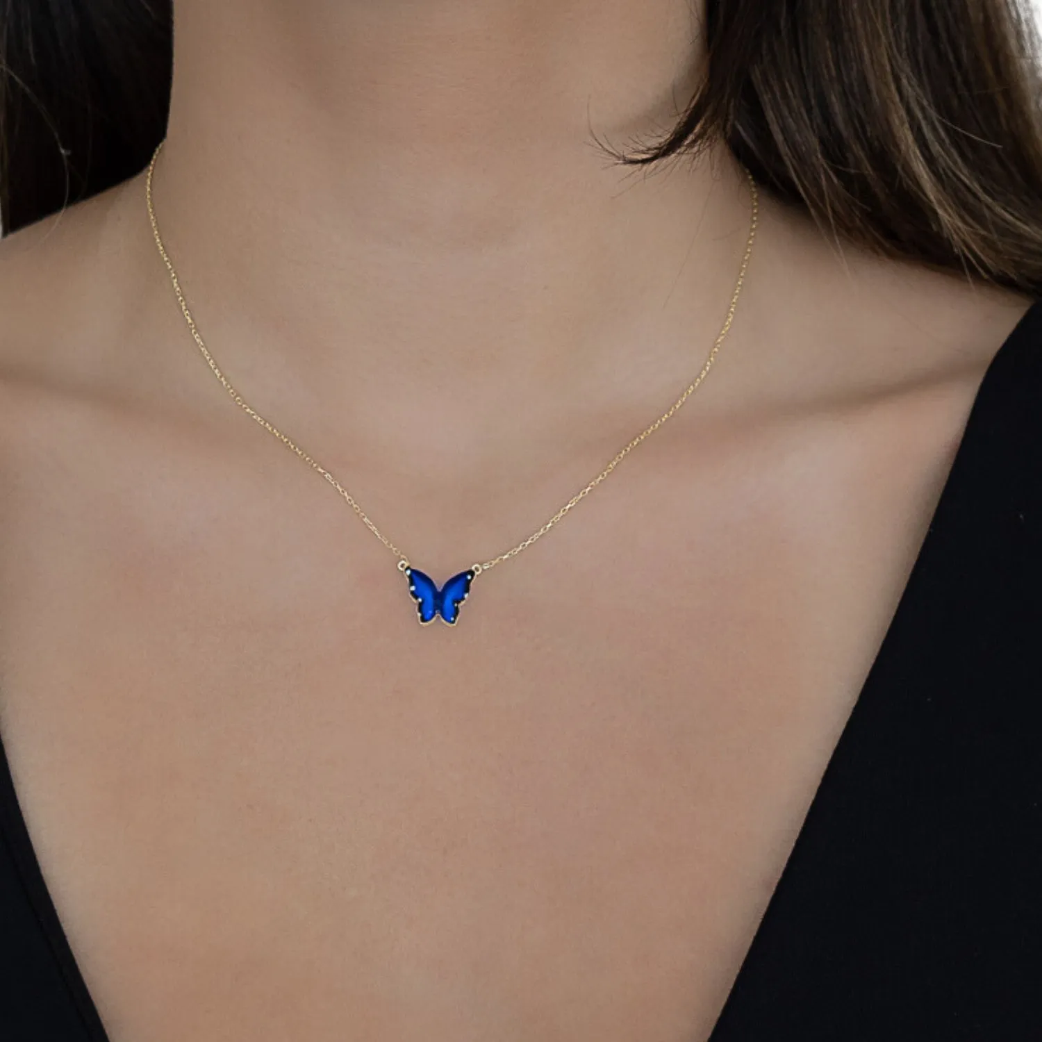 Gold Spiritual Blue Enamel Butterfly Necklace