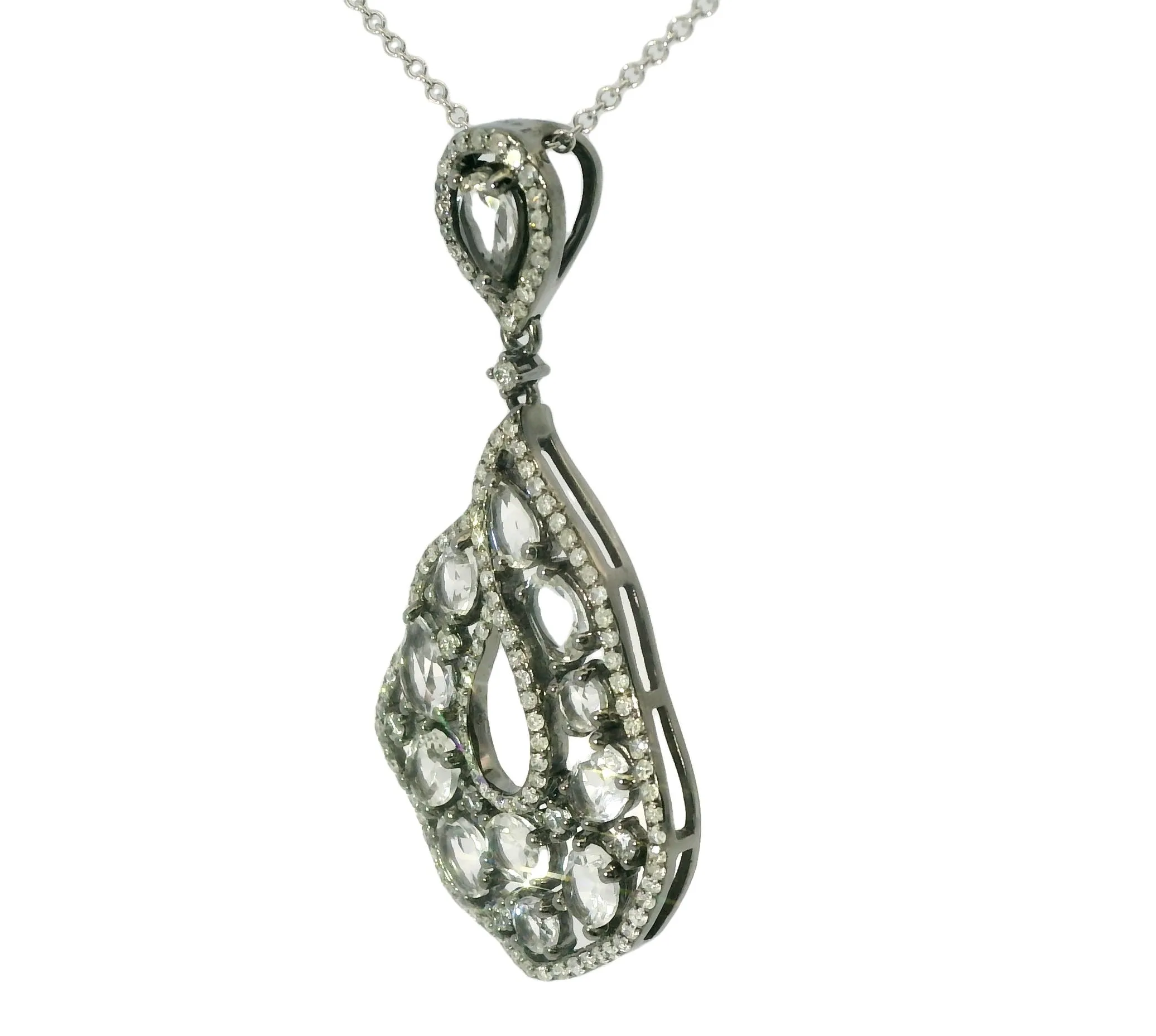Gorgeous Estate 14K White Gold Topaz Diamond Drop Pendant Necklace