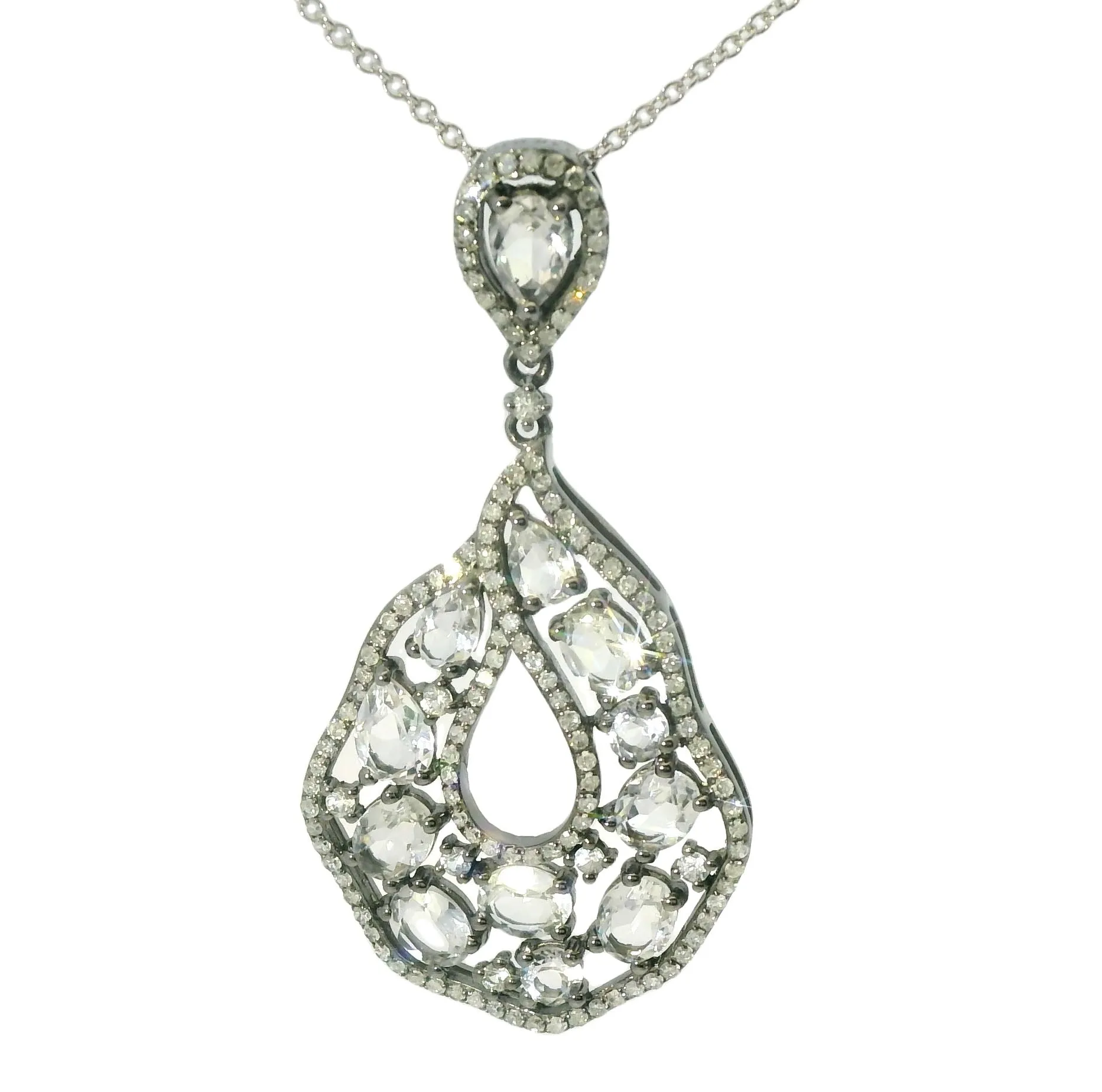 Gorgeous Estate 14K White Gold Topaz Diamond Drop Pendant Necklace