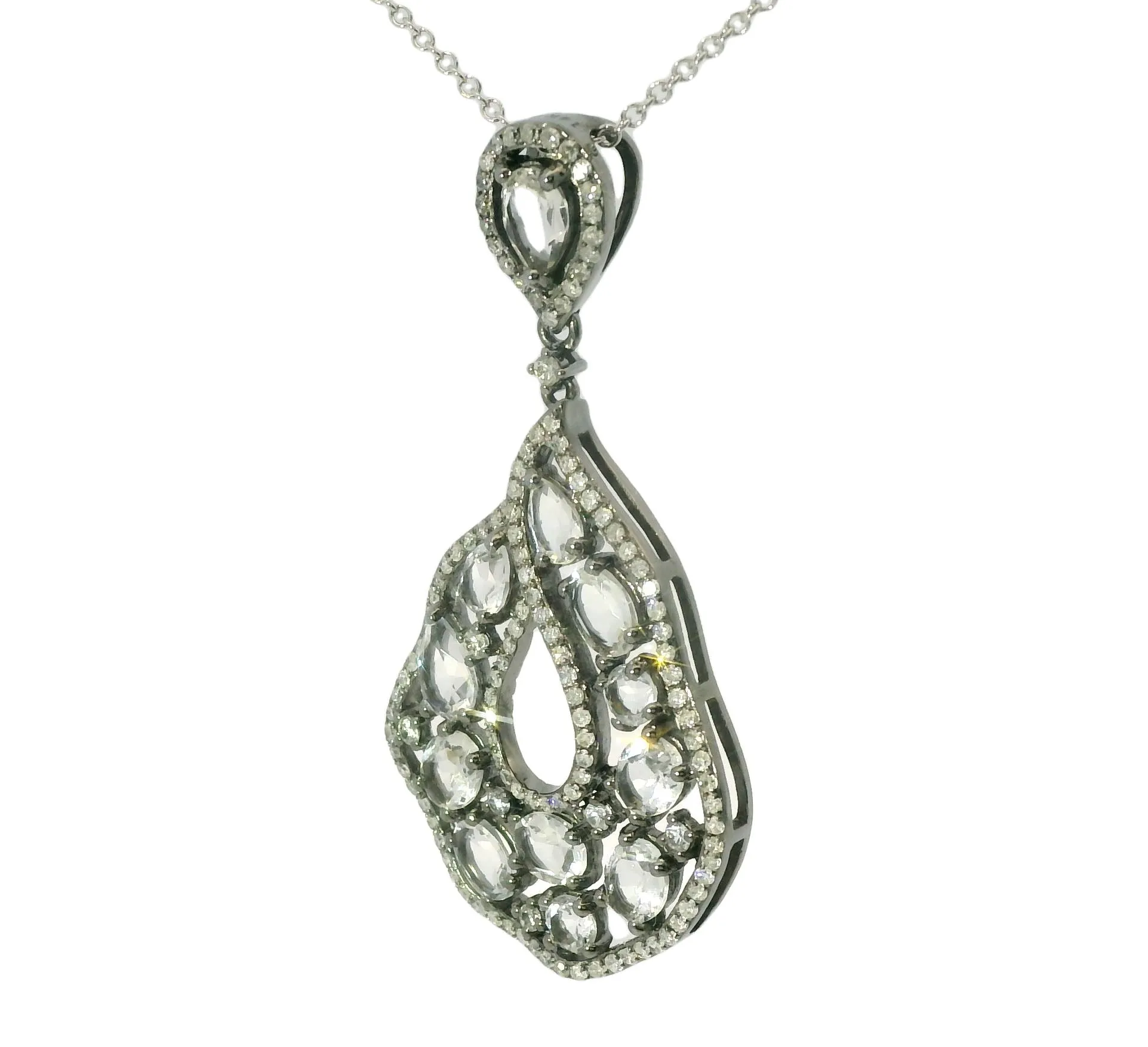 Gorgeous Estate 14K White Gold Topaz Diamond Drop Pendant Necklace