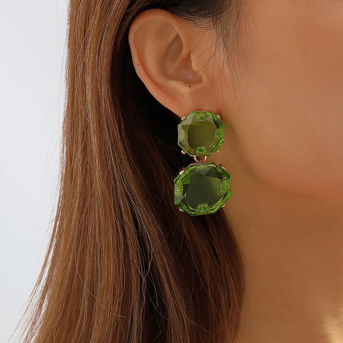Green Crystal & 18K Gold-Plated Octagon Drop Earrings