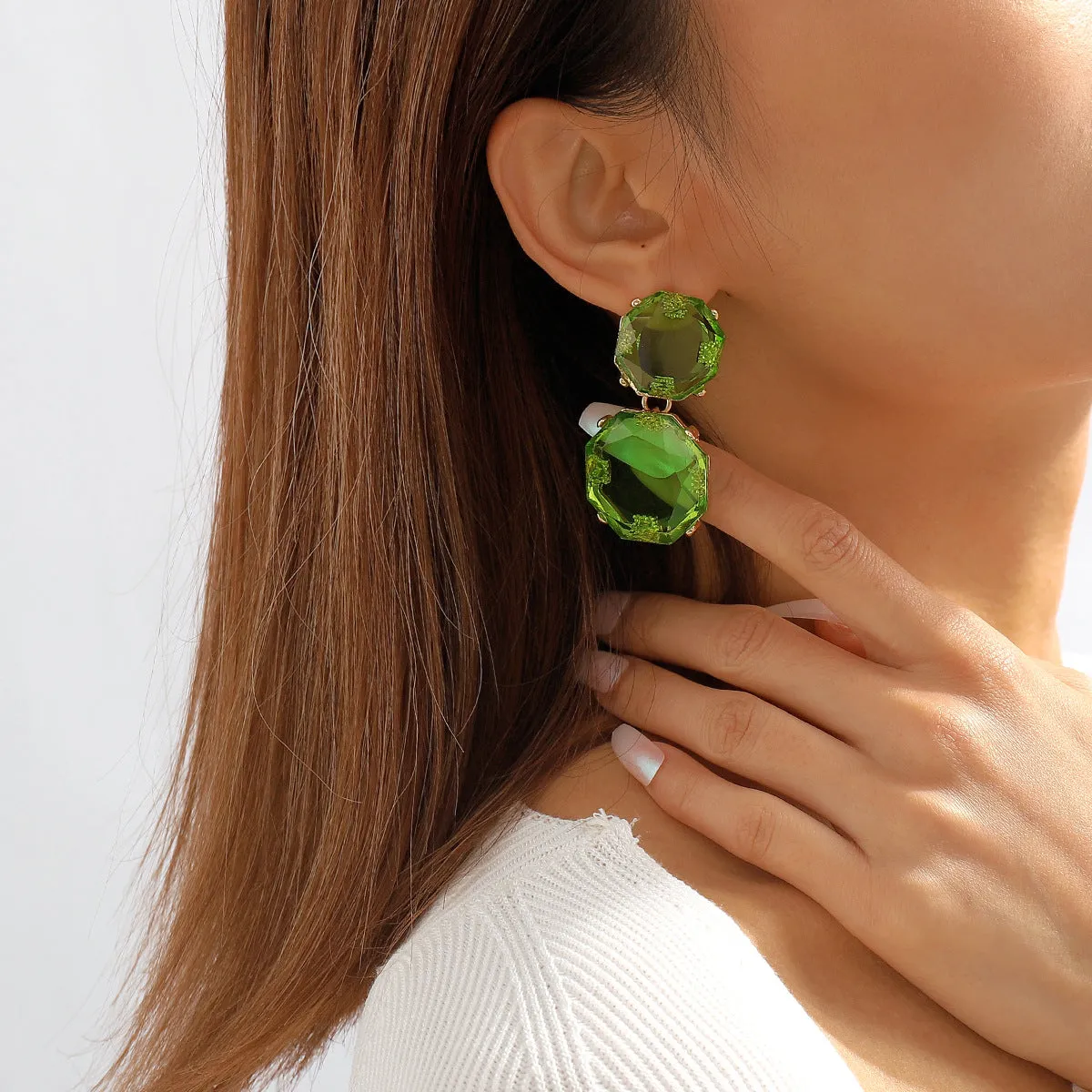 Green Crystal & 18K Gold-Plated Octagon Drop Earrings