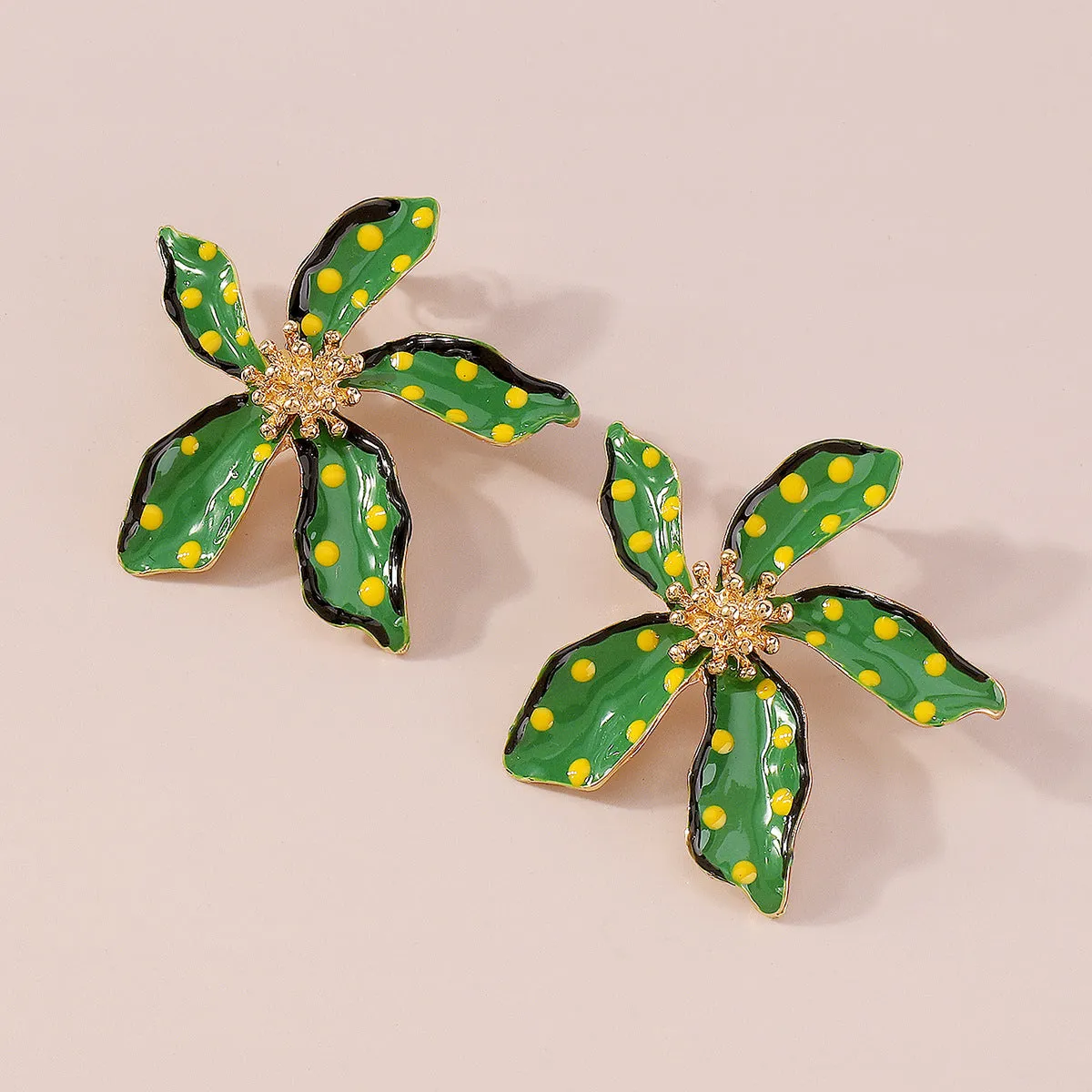 Green Enamel & 18K Gold-Plated Spot Flower Stud Earrings