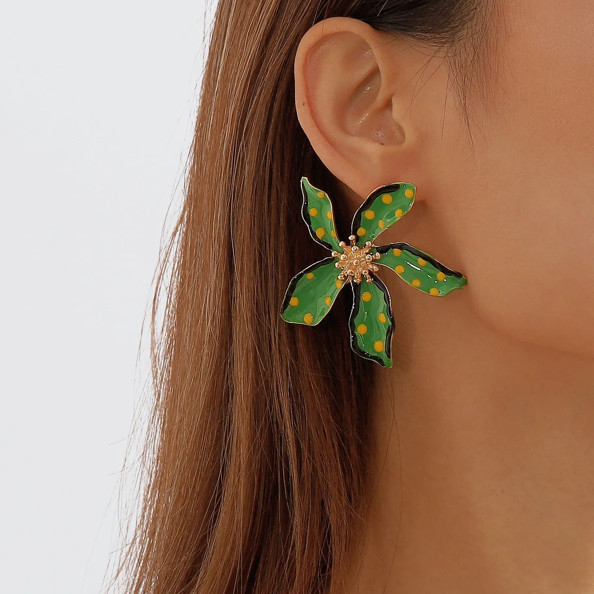 Green Enamel & 18K Gold-Plated Spot Flower Stud Earrings