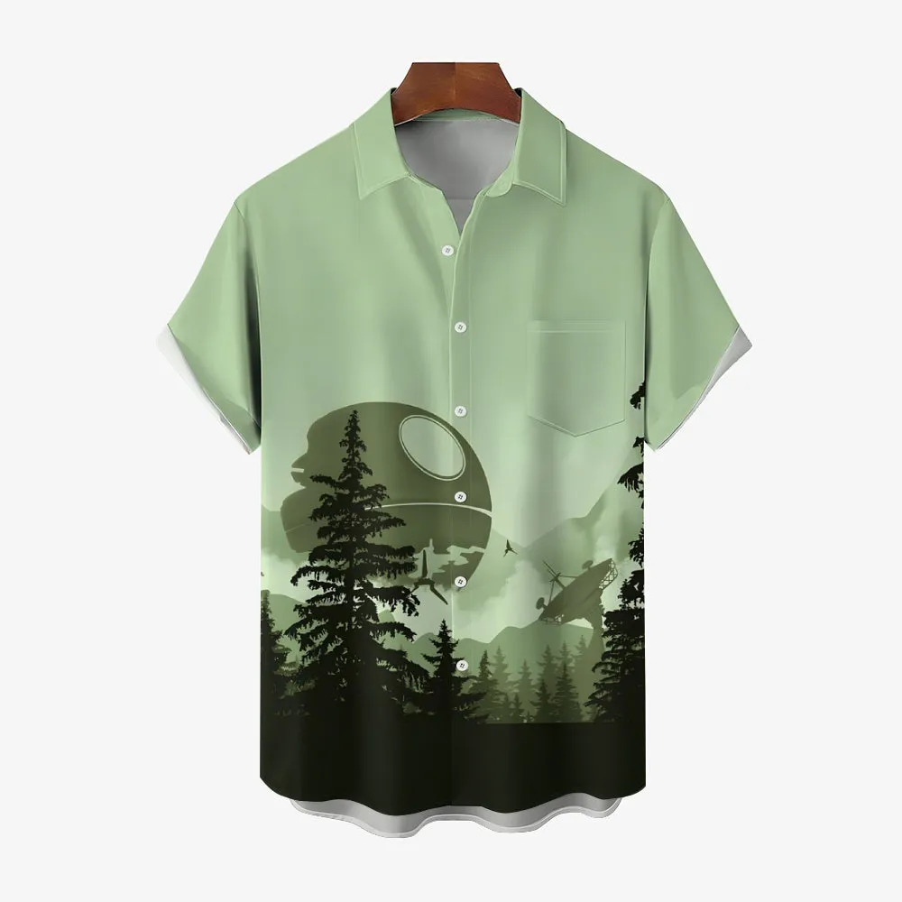 Green Mysterious Technology Base Deep In The Forest Printed Chest Pocket Short-Sleeved Shirt 2402000123
