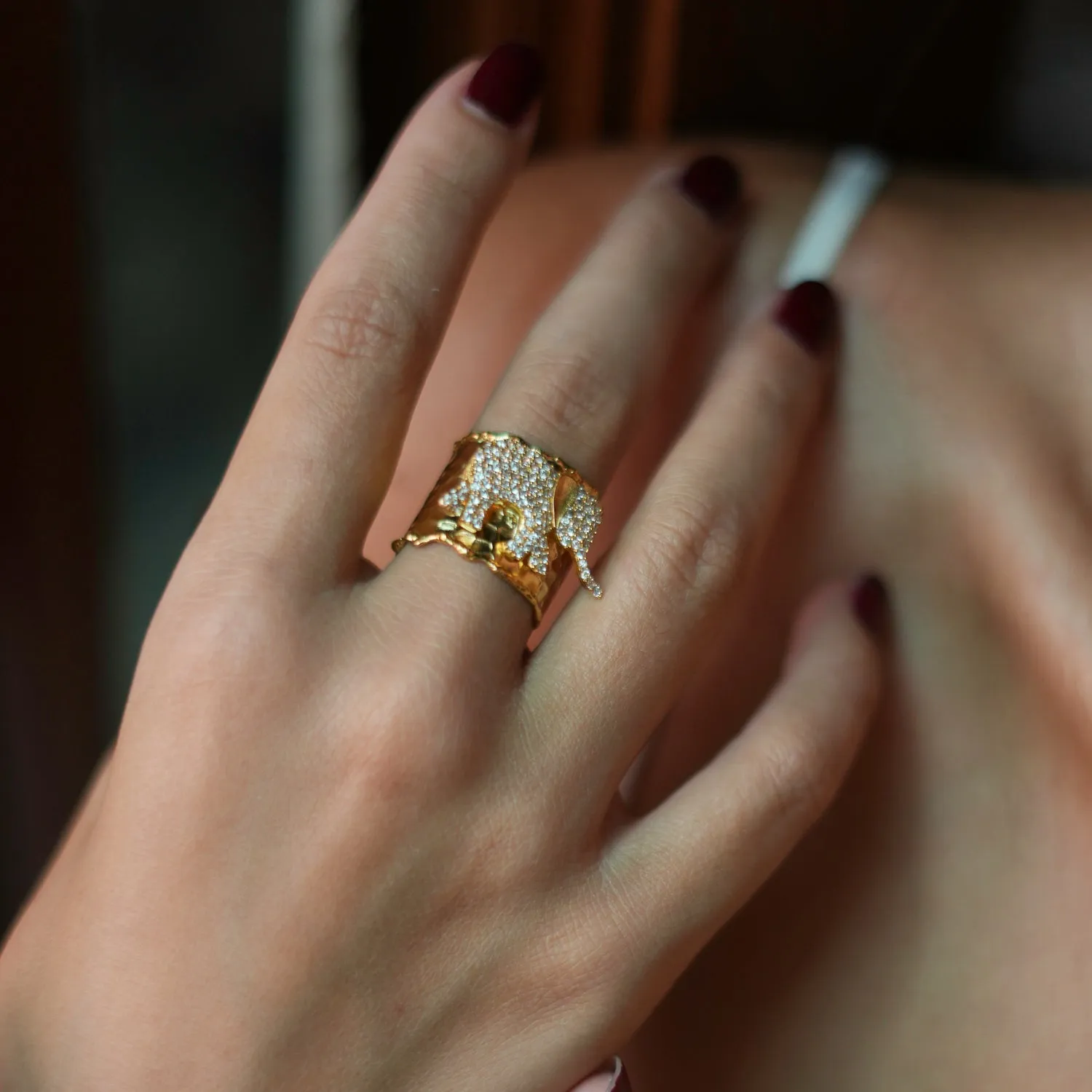 Guardian Diamond Elephant Gold Chunky Adjustable Ring