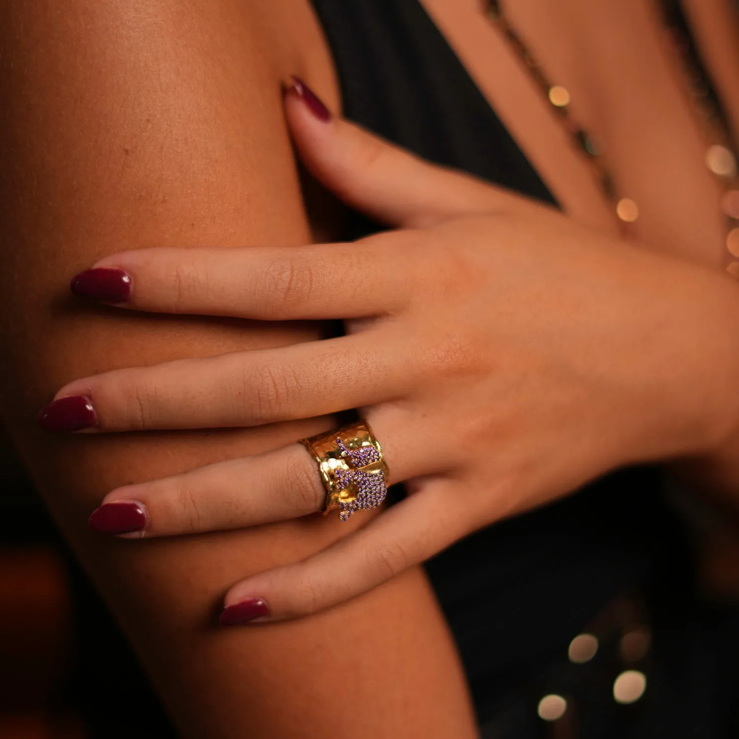 Guardian Purple Elephant Gold Chunky Adjustable Ring