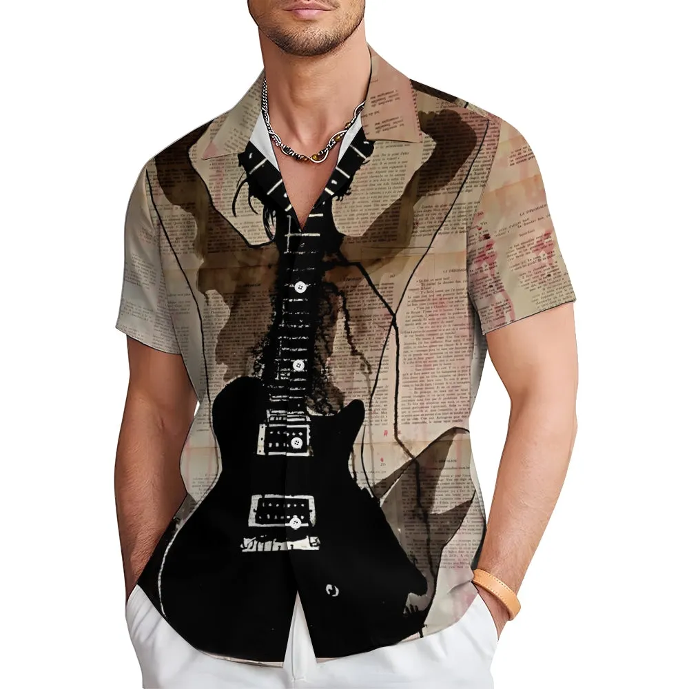 Guitar Girl Art Print Casual Large Size Short Sleeve Shirt 2407001176