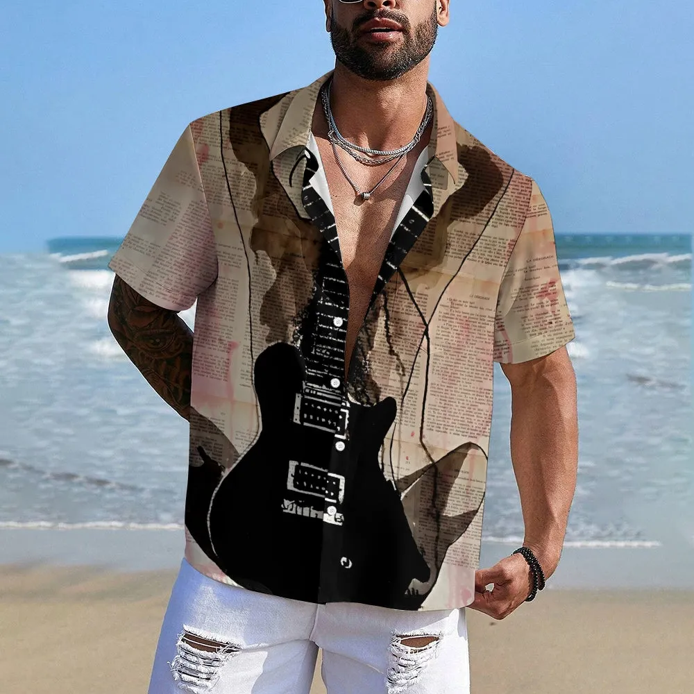 Guitar Girl Art Print Casual Large Size Short Sleeve Shirt 2407001176