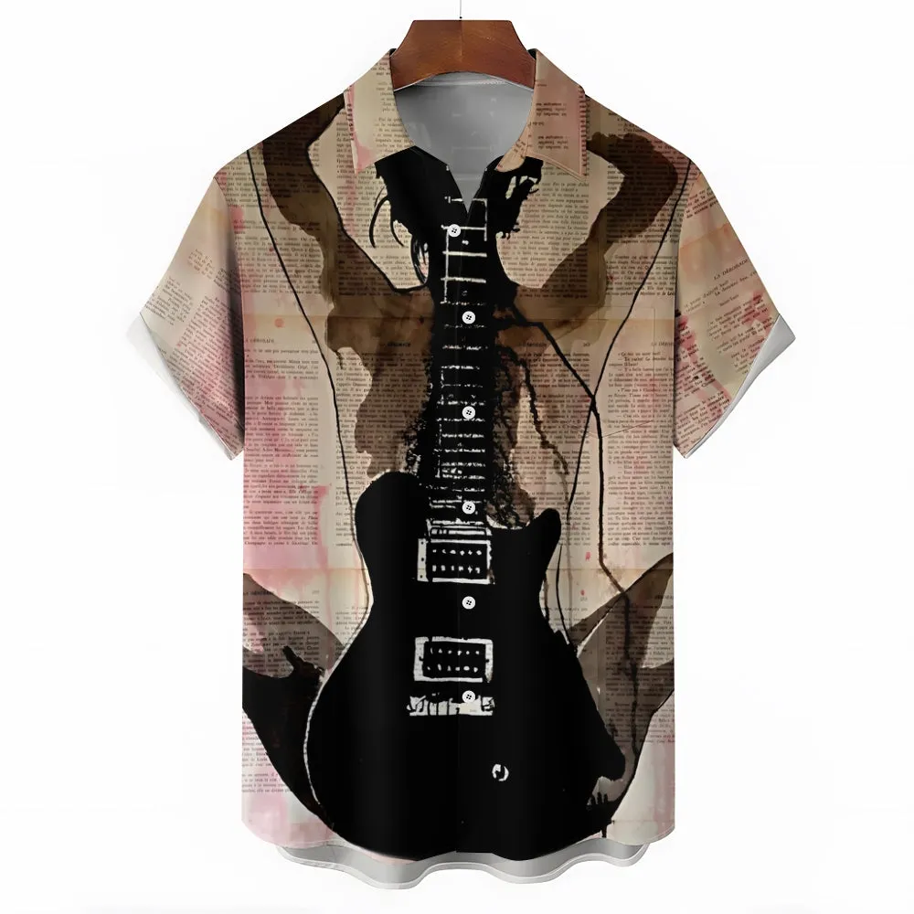 Guitar Girl Art Print Casual Large Size Short Sleeve Shirt 2407001176