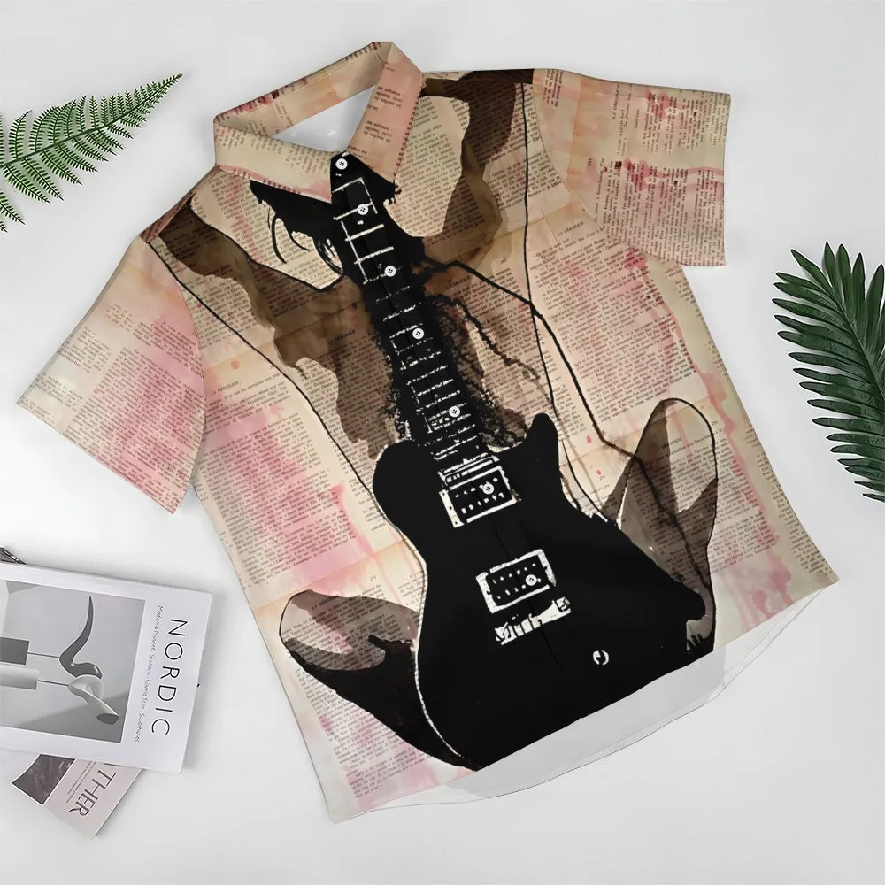 Guitar Girl Art Print Casual Large Size Short Sleeve Shirt 2407001176
