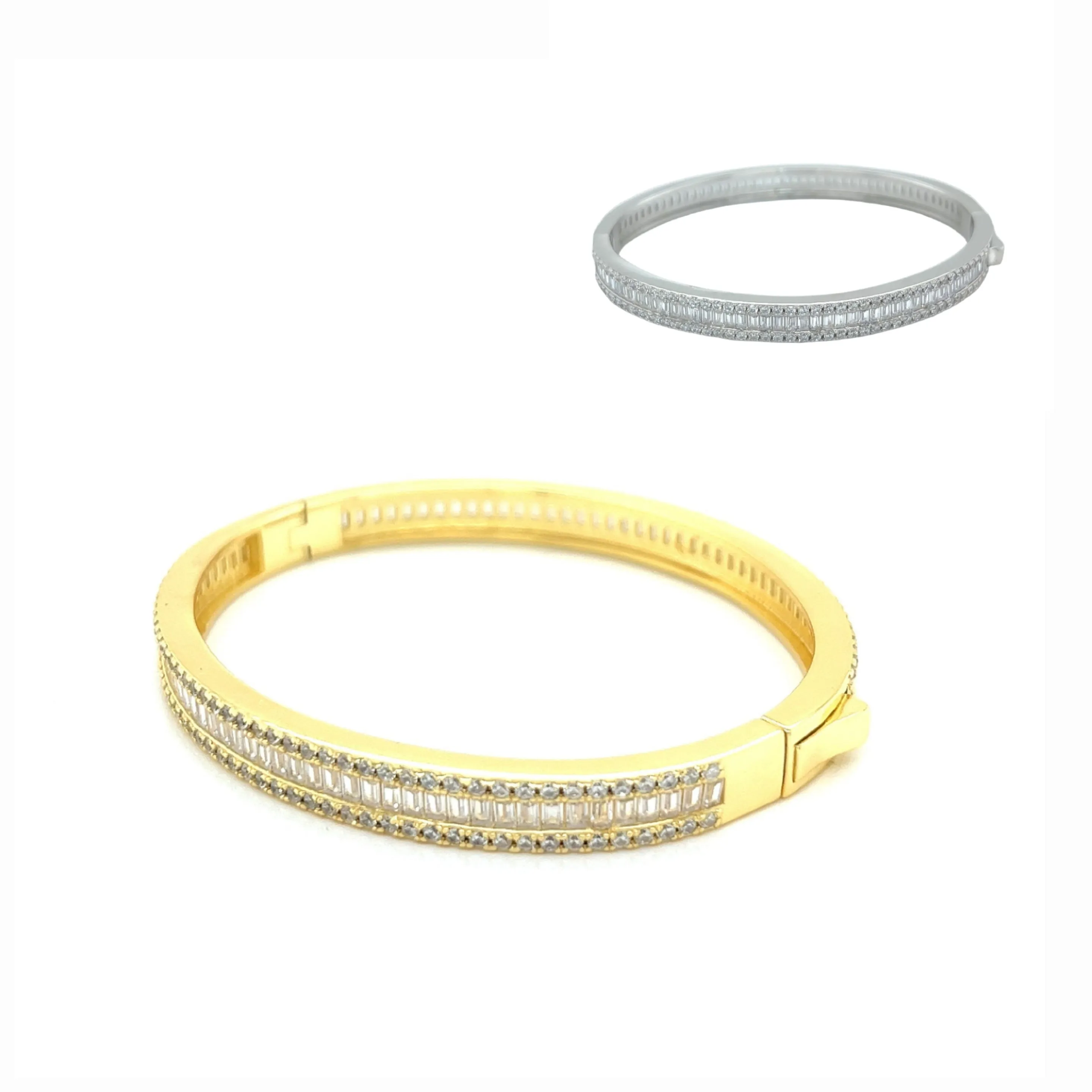 Half Eternity Baguette and Round Cubic Zirconia 925 Sterling Bangle Bracelet  - C304899