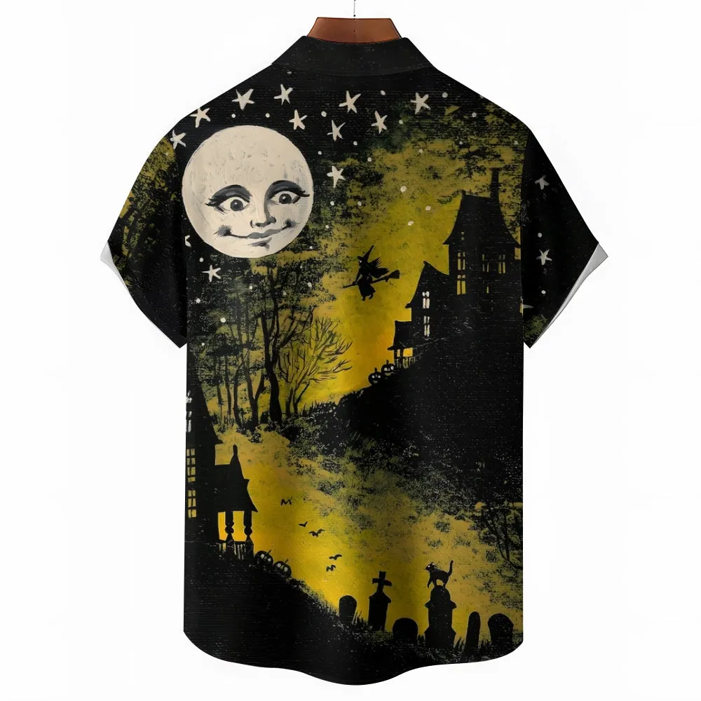 Halloween Castle Witch Print Casual Short Sleeve Shirt 2408002669