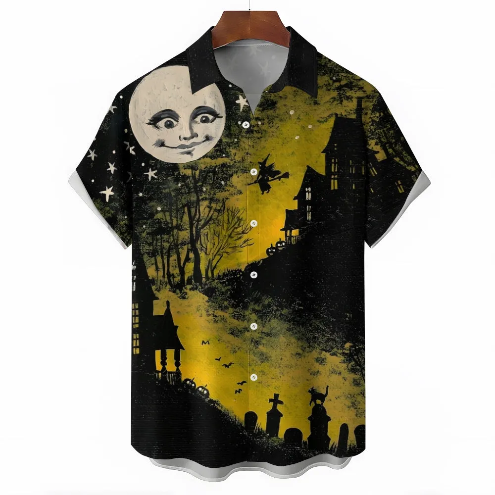 Halloween Castle Witch Print Casual Short Sleeve Shirt 2408002669