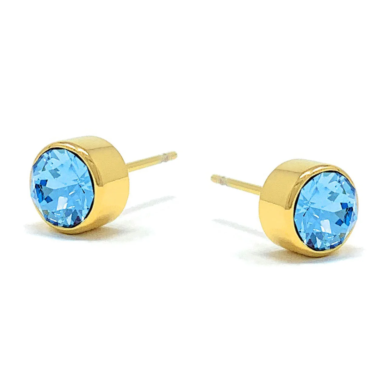 Harley Small Stud Earrings with Blue Aquamarine Round Crystals from Swarovski Gold Plated